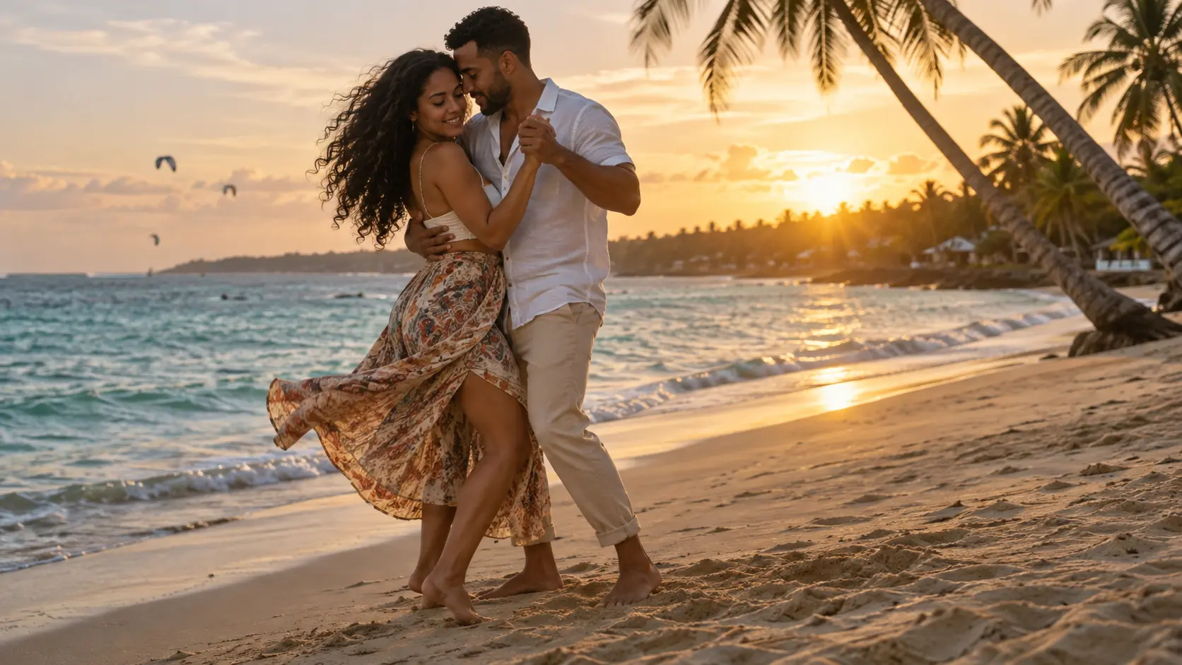 Pareja bailando bachata junto al mar en República Dominicana